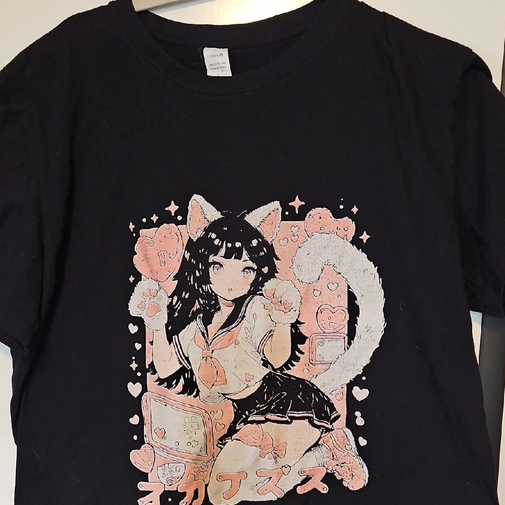 Black Anime Cat Girl Graphic T-Shirt
